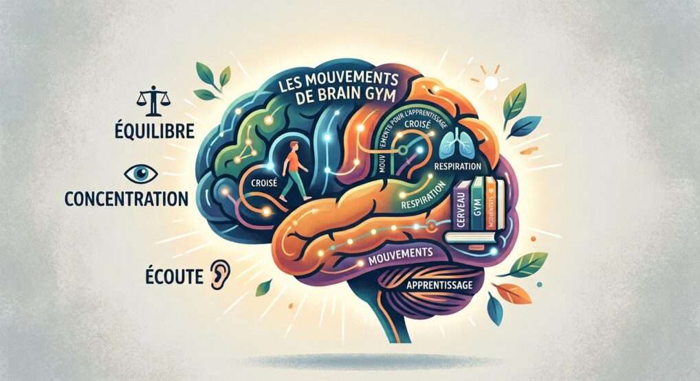 illustration d'un cerveau humain de couleur orange vert bleu rouge il y a des livres de dessinés à l'intérieur et des connexions autour sur fond gris clair il y a des sigles et du texte