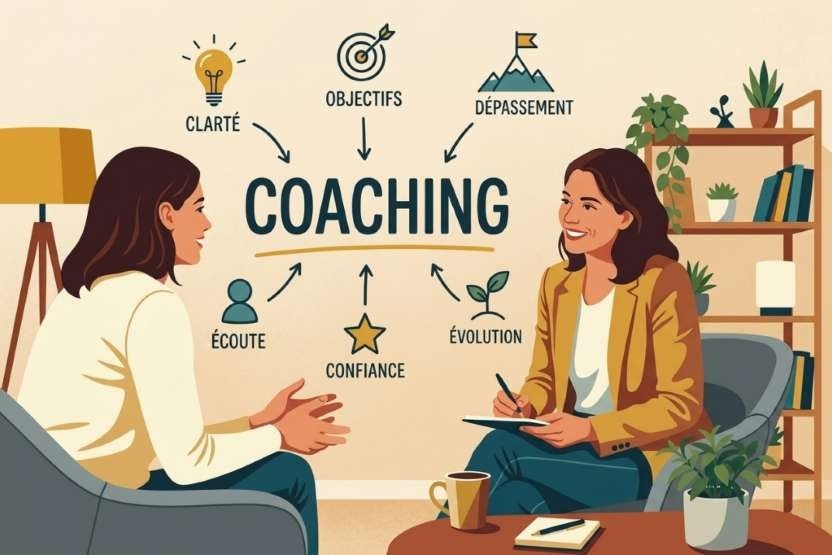 Coaching une femme brune cheveux mi long veste blanche assise sur un fauteuil gris parle a une femme brune cheveux mi long veste marron tee shirt blanc et jeans brut assise sur un fauteuil gris à coté d'une table ronde marron avec un pot de plante verte gris dans une pièce de bureau avec un halogène or et un meuble avec plusieurs étagère en bois avec dessus des livres et des pots de plantes vertes sur le mur beige il y a des écritures