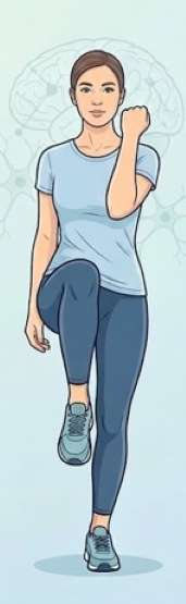 Jeune femme cheveux attachés brune avec un tee shirt bleu ciel et un pantalon gris et des baskets grises lève le genou droit et plis le bras gauche sur un fond bleu ciel avec le dessin abstrait d'un cerveau humain