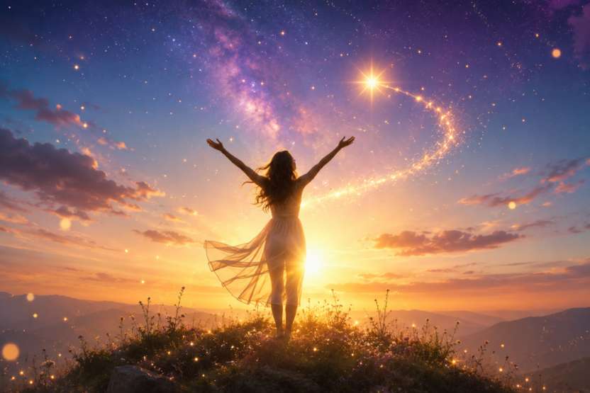 Epanouissement jeune femme avec une robe en voile cheveux long brun et vu de dos elle en haut d'une montagne face au vide avec la vue sur l'horizon le ciel est bleu et doré avec quelques nuages gris rose le soleil est entrain de se lever il y a une étoile filante qui surgie de la femme en tournoyant dans le ciel il a aussi une voie lactée violet clair dans le ciel