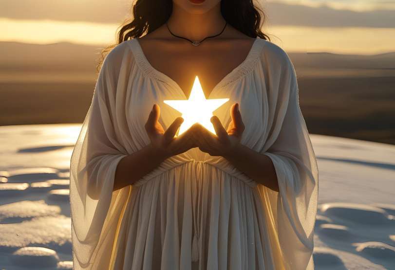 Jeune femme cheveux mi long habillée d'une robe blanche fluide avec les mains ramenées au niveau du cœur qui tiennent une étoile lumineuse doré au fond paysage de montagne abstrait