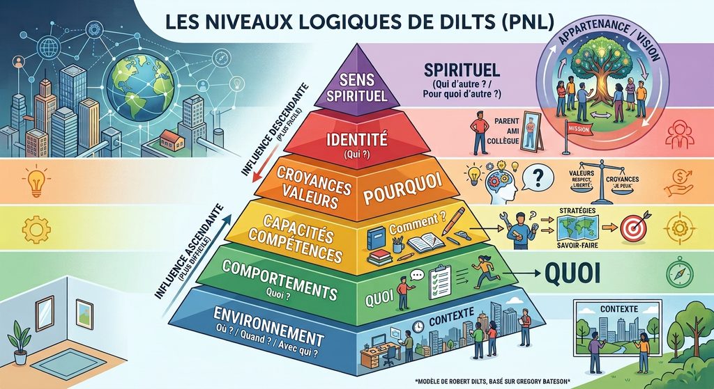 pyramide avec des étages de couleur ( bleu, vert, jaune, orange, rouge et violet. qui décrive et illustre les niveaux logique de Dilts