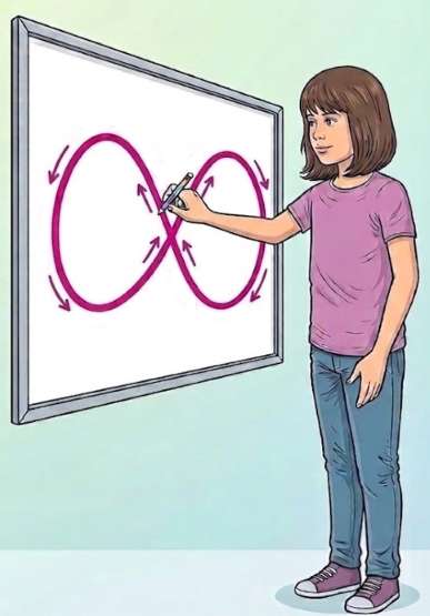 Une jeune fille avec les cheveux au carré brun dessine un 8 couché rose sur un tableau blanc avec un rebords en métal accroché sur un mur en dégradé de vert