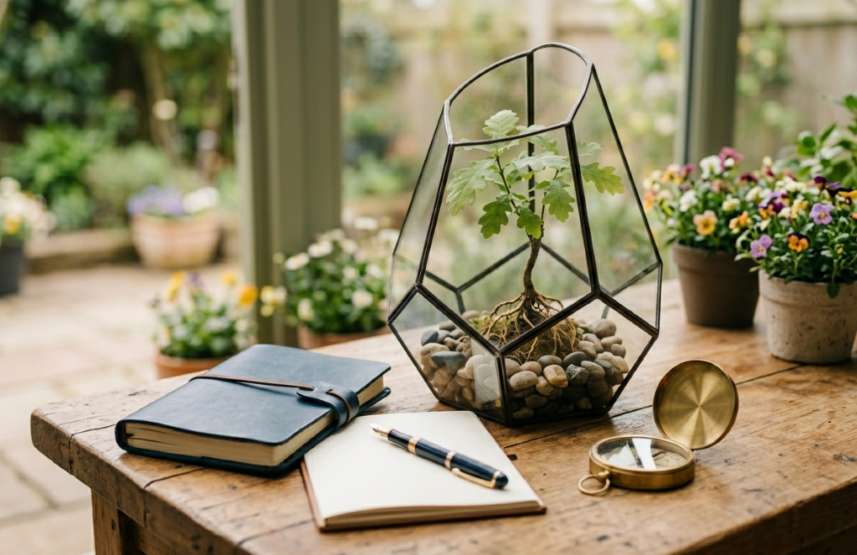 dans une véranda dans un jardin il y a le dessus d'un bureau en bois avec dessus un carnet d'écriture noir en cuir un autre ouvert sur une page pour écrire avec un stylos posé en travers dessus une boussole en métal doré deux pots de fleurs un gris clair l'autre foncé et un vase en verre transparent avec un peu de terre dans le fond et un petit chêne dont on vois les racines 