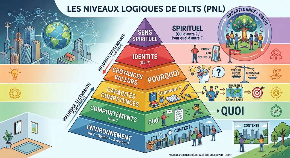 pyramide avec des étages de couleur ( bleu, vert, jaune, orange, rouge et violet. qui décrive et illustre les niveaux logique de Dilts
