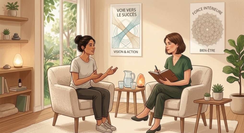 une femme brune cheveux attachés en tee shirt blanc et pantalon kaki est assise sur un fauteuil blanc elle parte à une femme cheveux au carré brun tee shirt vert et pantalon kaki elle tient un cahier de couverture marron elle porte des chaussures kaki elle est assise sur un fauteuil blanc avec une table basse de chaque coté en bois avec un pichet d'eau deux verres une lampe de sel et des plantes vertes dans des pots gris dans la pièce beige il y a derrière elle deux poster en face une porte fenêtre et un buffet et des étagère en bois au dessus avec des bibelots dedans