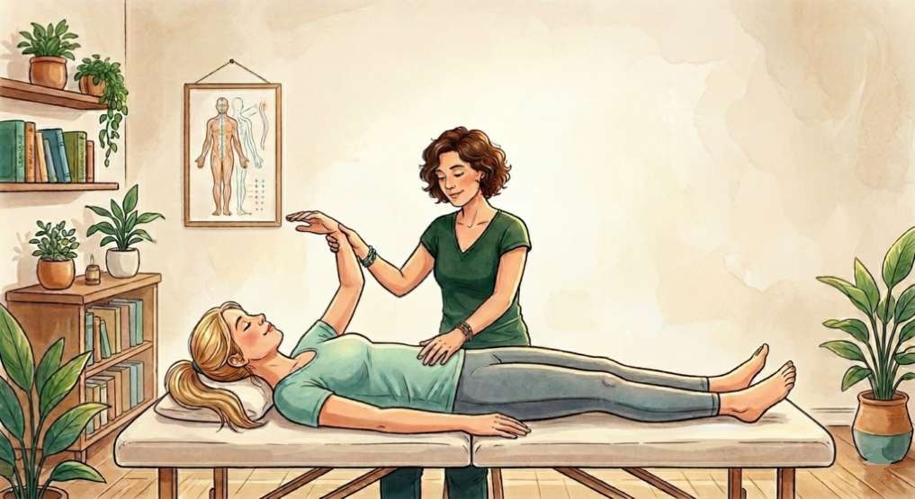 Une femme brune cheveux frisé court en tee shirt verte est debout et prends le bras d'une femme allongée sur une table de massage elle est blonde cheveux attachés en tee shirt vert d'eau et pantalon gris la pièce est beige a droite une grande plante verte dans un pot en terre à gauche une buffet et des étagère au dessus en bois avec des livres et des plantes vertes au milieu un poster sur le coté gauche du mur