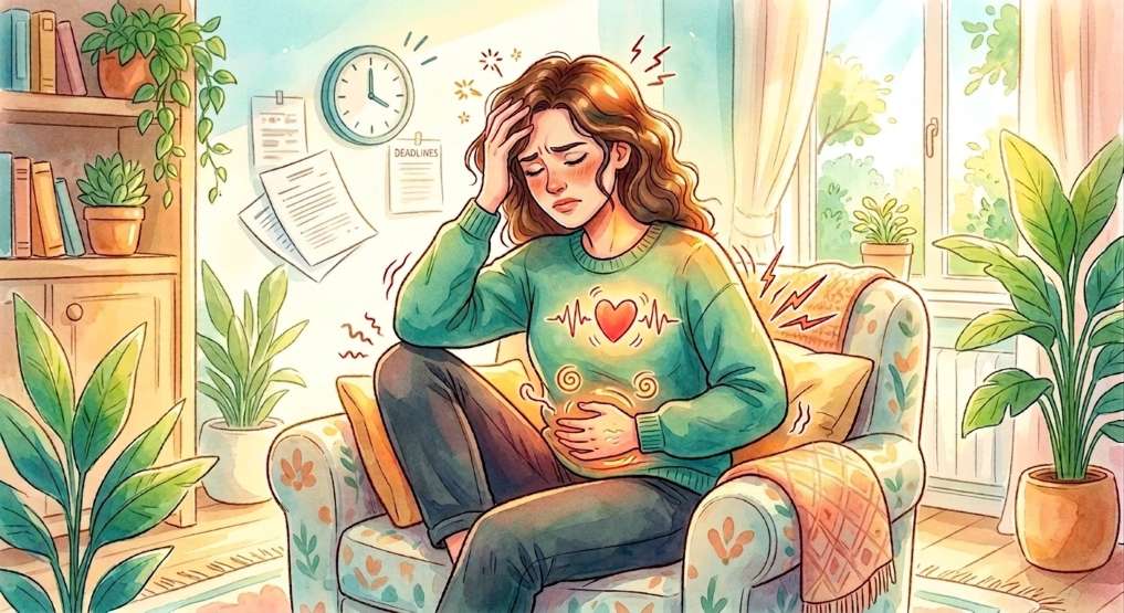 Jeune femme châtain avec les cheveux mi long un pull vert et un jean noir assise la jambe replié sur l'assise d'un fauteuil vert de gris avec des motifs floraux des coussins et un plaid orange dans une pièce au murs bleu ciel avec des papiers et une horloge accroché au mur et avec dans la pièce plusieurs plante verte et une bibliothèque avec des livres et des pots de plantes vertes derrière le fauteuil il y a une fenêtre au dessus d'un radiateur et avec des rideaux oranges