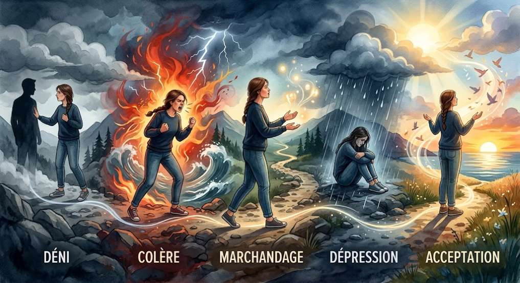 paysage changeant d'abord tout est gris les nuages, le ciel, les arbres et le sol avec les pierres il y a une silhouette d'homme grise et une jeune femme brune cheveux tressés avec un pull-over gris et jeans gris et des baskets grises ensuite la jeune femme est entourer de feu rouge et il y a de grandes vagues grises autour d'elle et un éclair blanc au dessus de sa tête puis le paysage devient calme et verdoyant elle tient des étincelles de lumières dans les mains le ciel gris avec des nuages puis la jeune femme passe dans un paysage pluvieux avec deux nuages gris au dessus de sa tête et une grosse pluie sur elle elle est assise sur le sol gris triste recroquevillée sur elle puis elle se remet debout face a une paysage lumineux et ensoleillé face a une mer bleu calme et des oiseux volent dans le ciel vers le soleil brillant dans une brise légère il y a des nuages gris clair et un lever de soleil à l'horizon la jeune femme se trouve au milieu d'un chemin entourée d'herbe et de petites fleurs du printemps