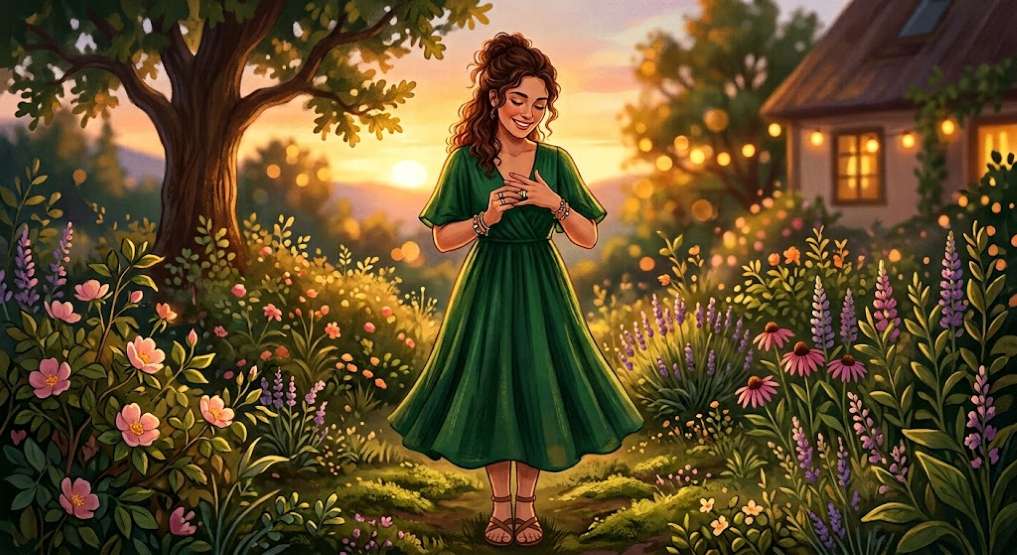 une jeune femme cheveux long ondulé marron vêtue d'une robe vert bouteille elle se passe une bague en se tenant debout au milieu d'un jardin luxuriant avec un rosier rose et des fleurs roses il y a au second plan à droite une petite maison en bois avec une guirlande lumineuse et à gauche un arbre